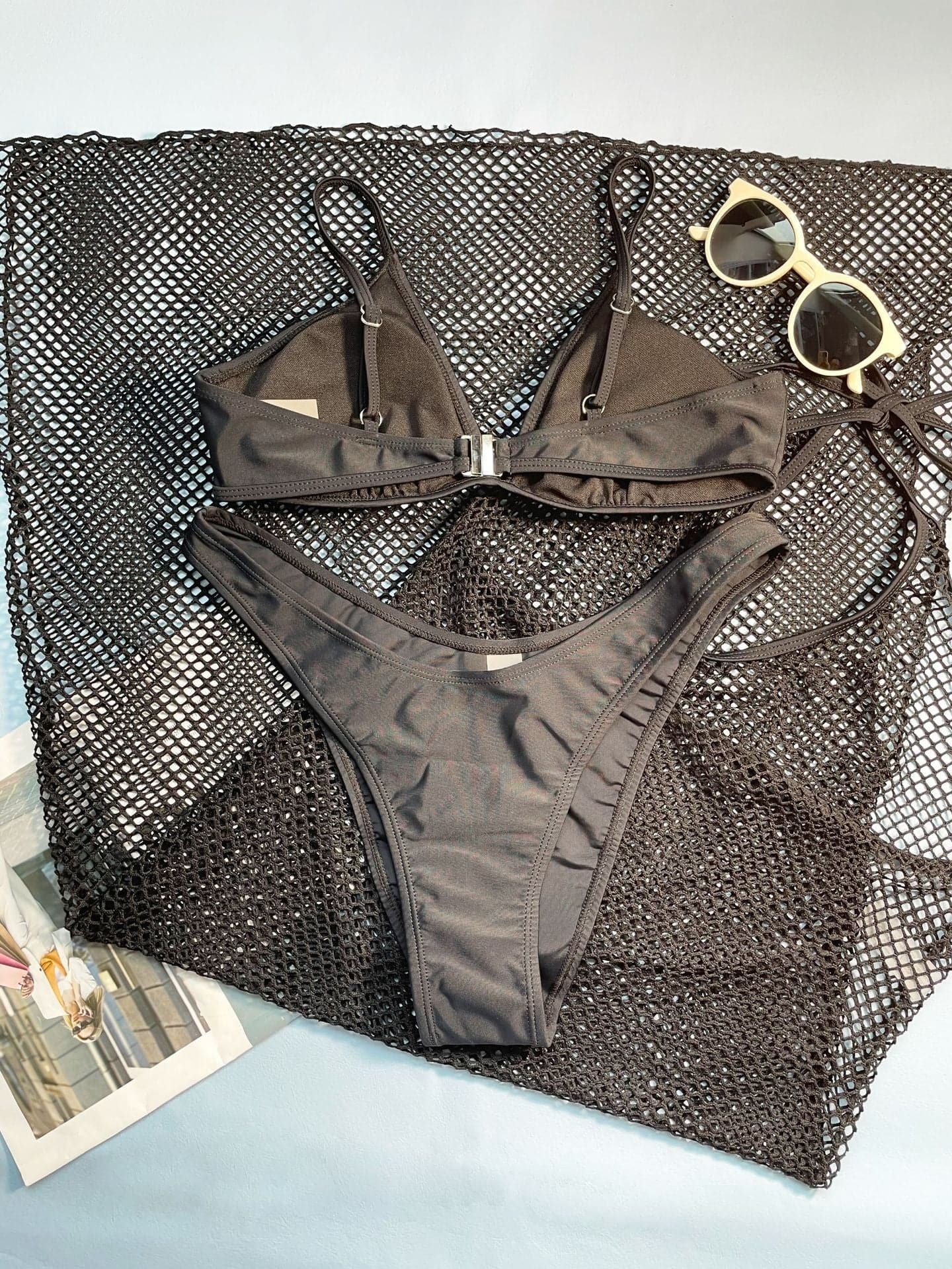 Y2K Aesthetic 3-Piece Swimwear Set: Solid Halter, Backless Cami & Slit U-Neck Design