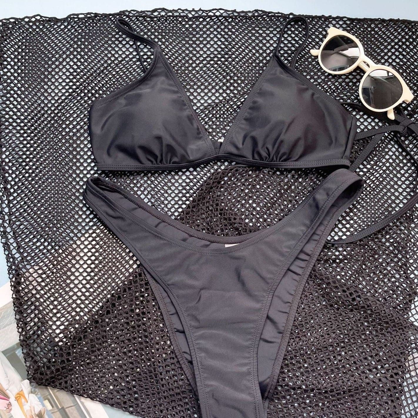 Y2K Aesthetic 3-Piece Swimwear Set: Solid Halter, Backless Cami & Slit U-Neck Design
