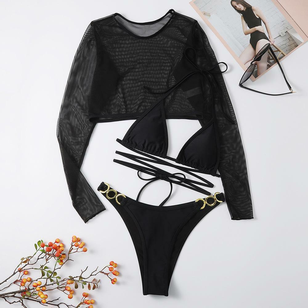 Y2K Aesthetic 3-Piece Swimwear Set: Solid Padded Halter Top with O-Ring & Self-Tie Design