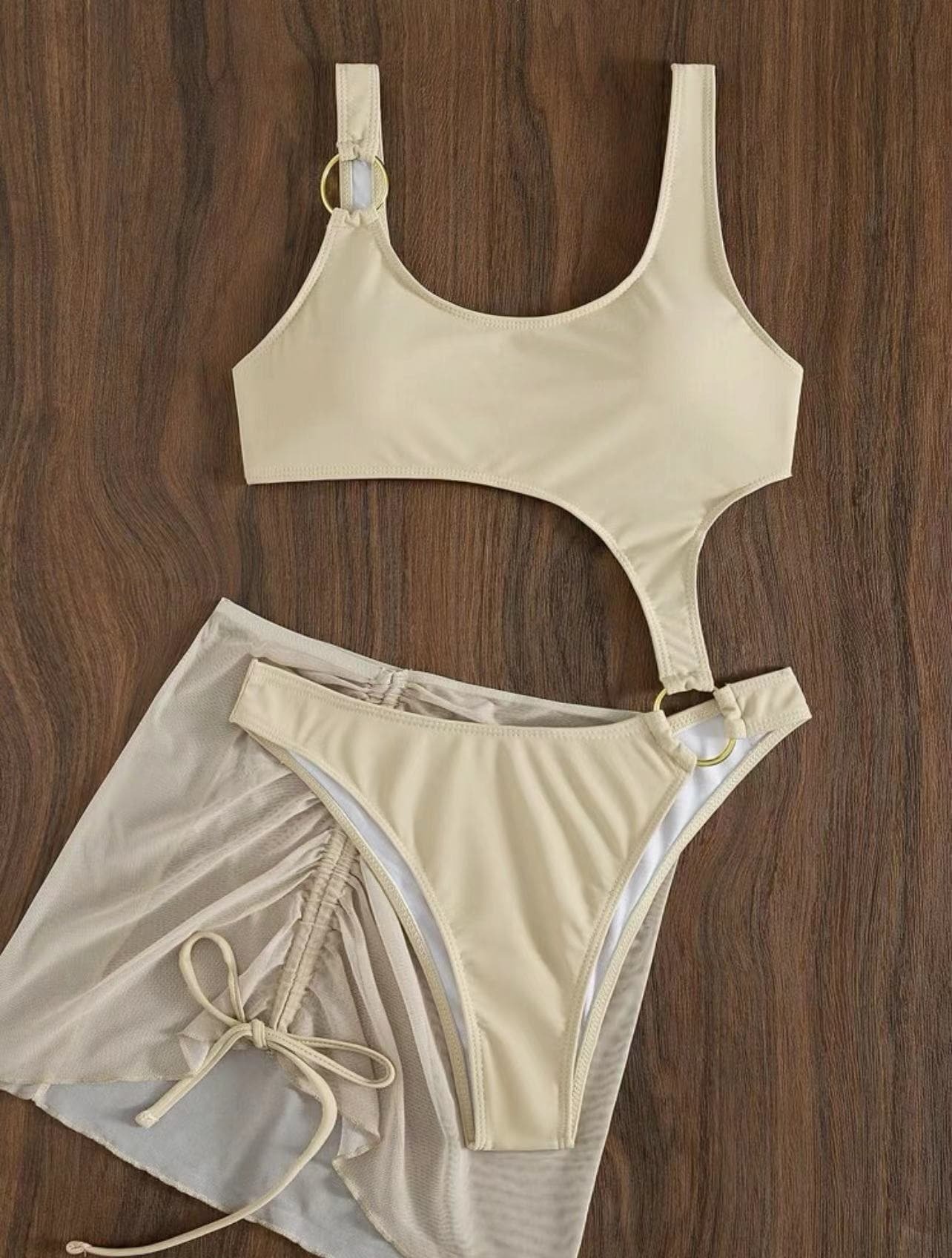 Y2K Aesthetic 3-Piece Swimwear Set with Drawstring Mesh U-Neck & O-Ring Detail