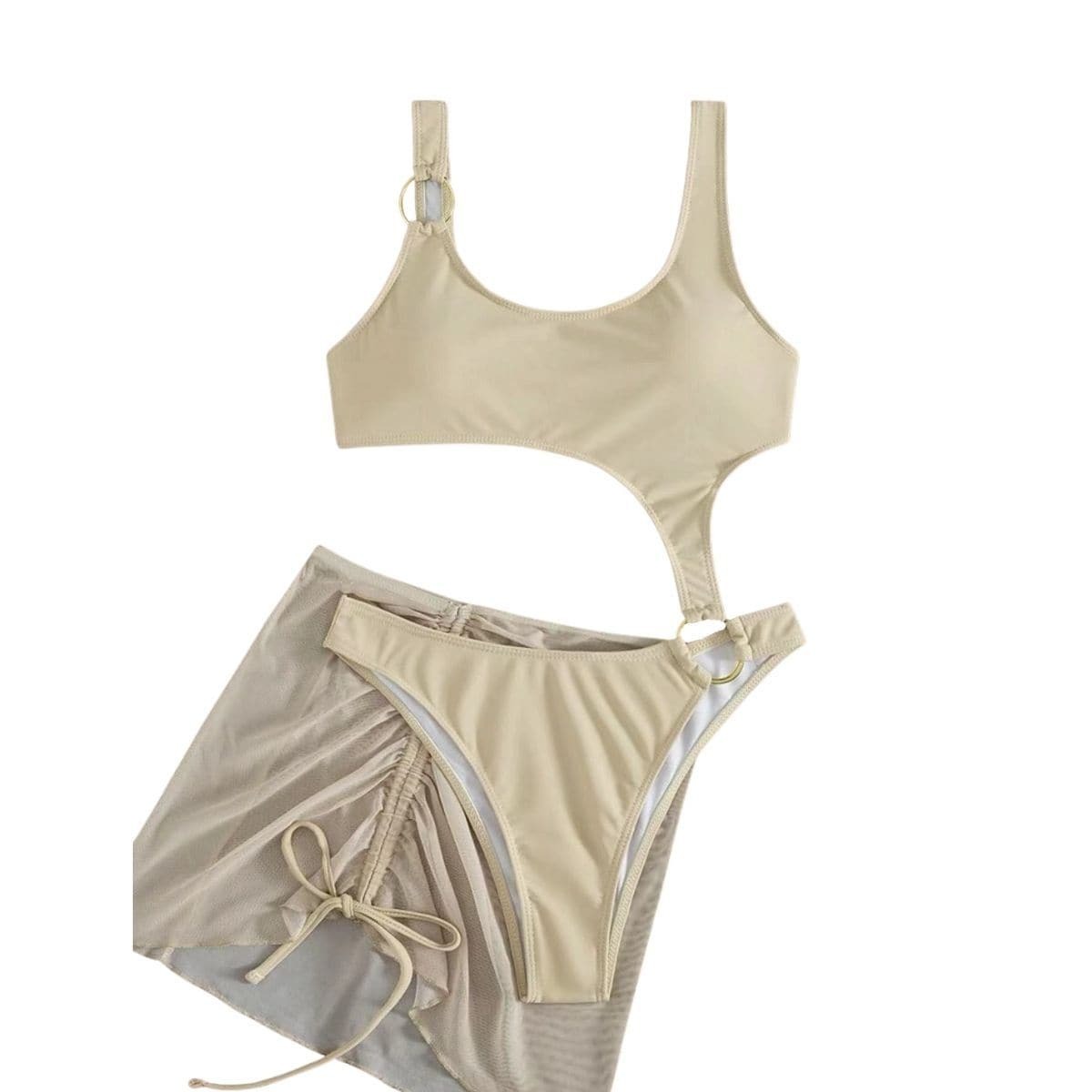 Y2K Aesthetic 3-Piece Swimwear Set with Drawstring Mesh U-Neck & O-Ring Detail