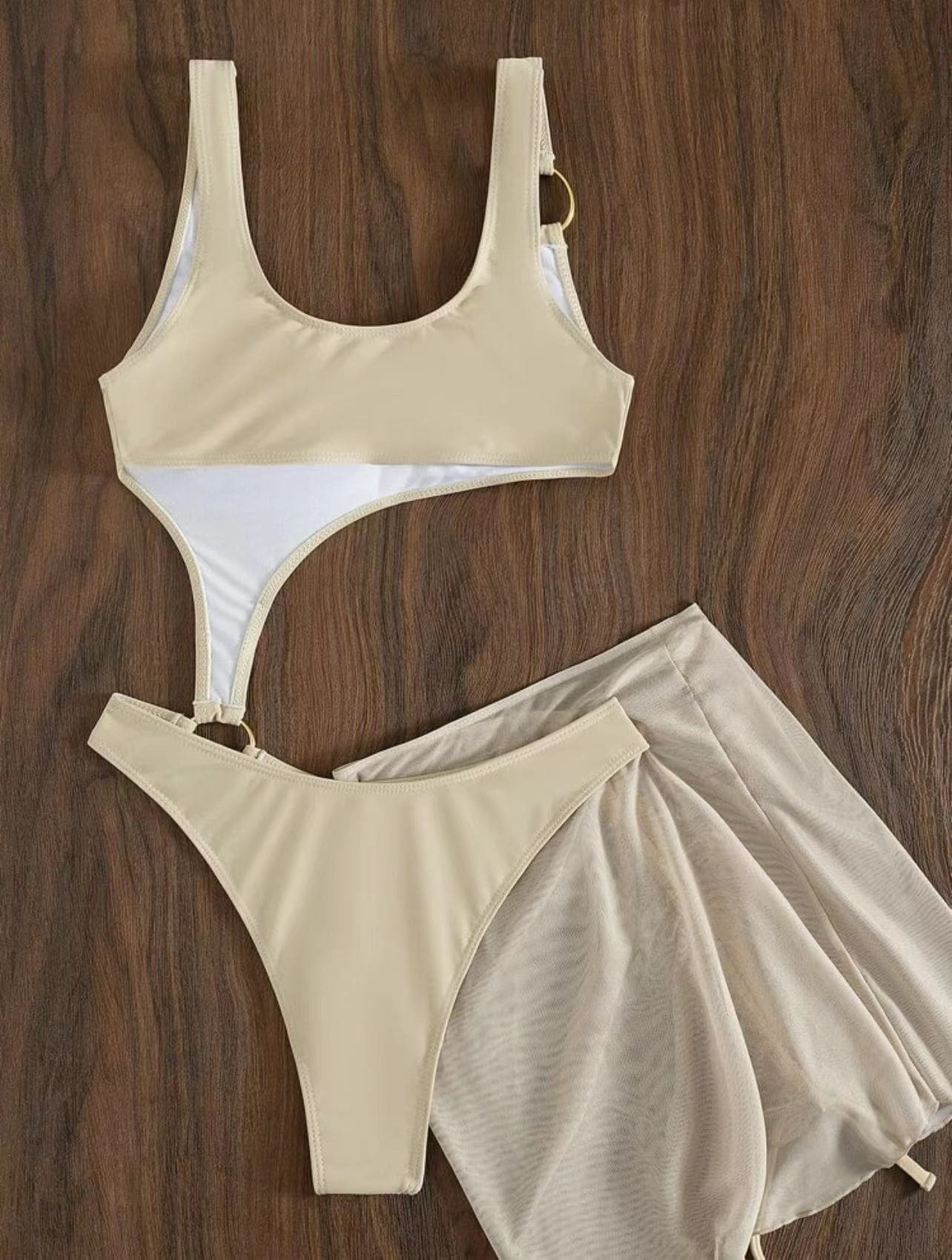Y2K Aesthetic 3-Piece Swimwear Set with Drawstring Mesh U-Neck & O-Ring Detail