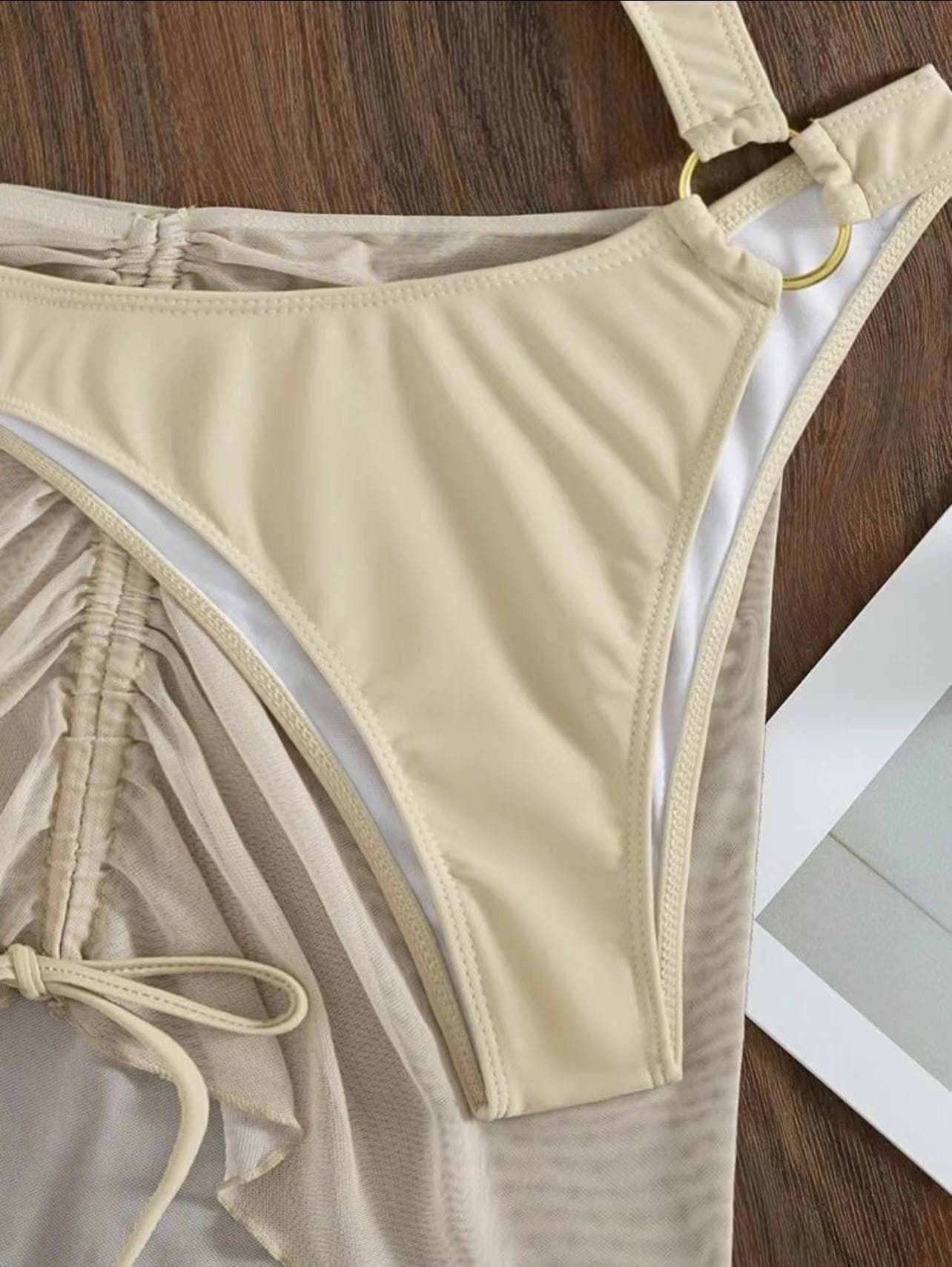 Y2K Aesthetic 3-Piece Swimwear Set with Drawstring Mesh U-Neck & O-Ring Detail