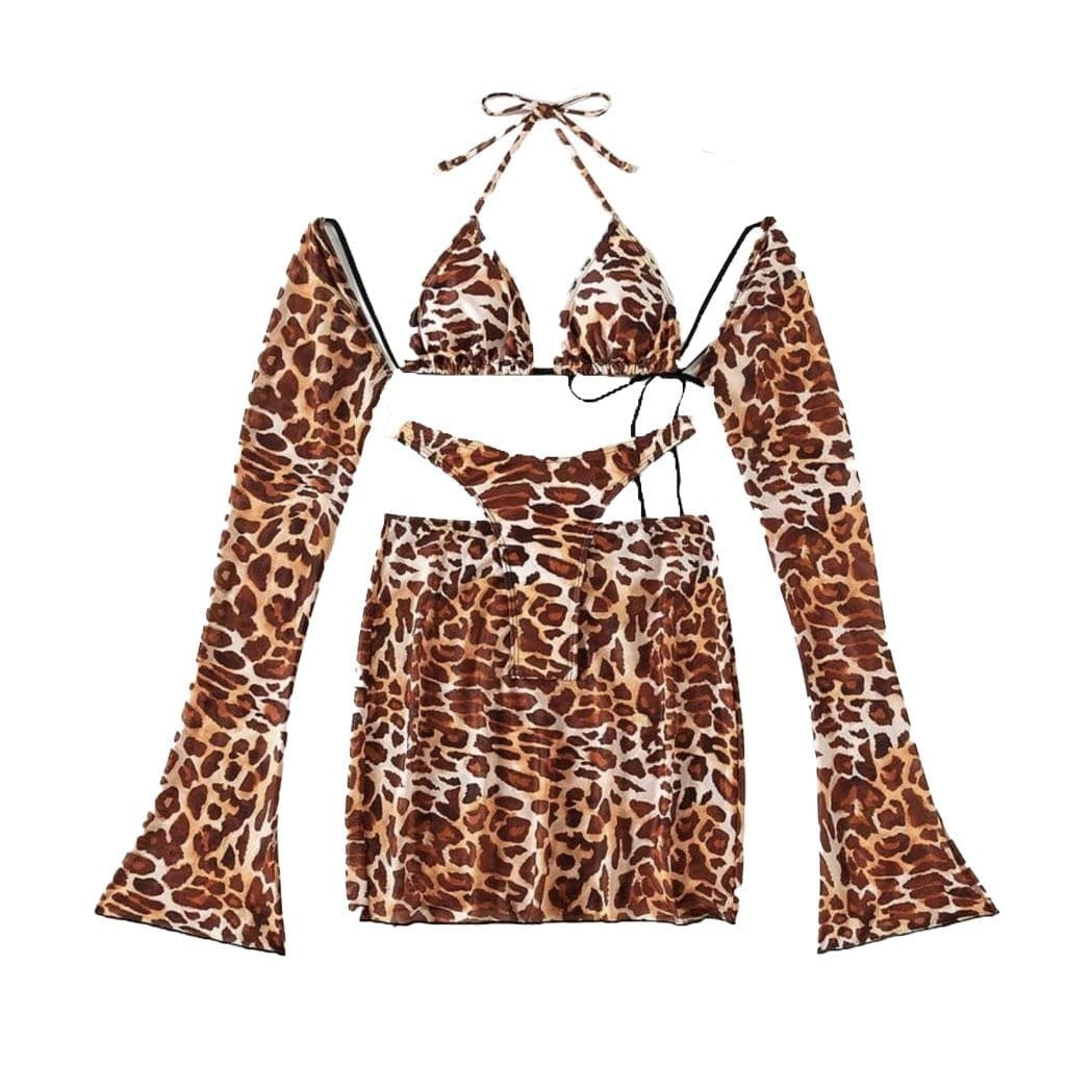 Y2K Aesthetic 4-Piece Swimwear Set: Long Sleeve Halter, Self-Tie Mini Skirt & Cute Tops