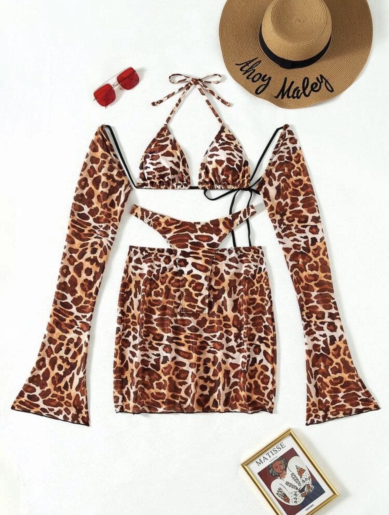 Y2K Aesthetic 4-Piece Swimwear Set: Long Sleeve Halter, Self-Tie Mini Skirt & Cute Tops