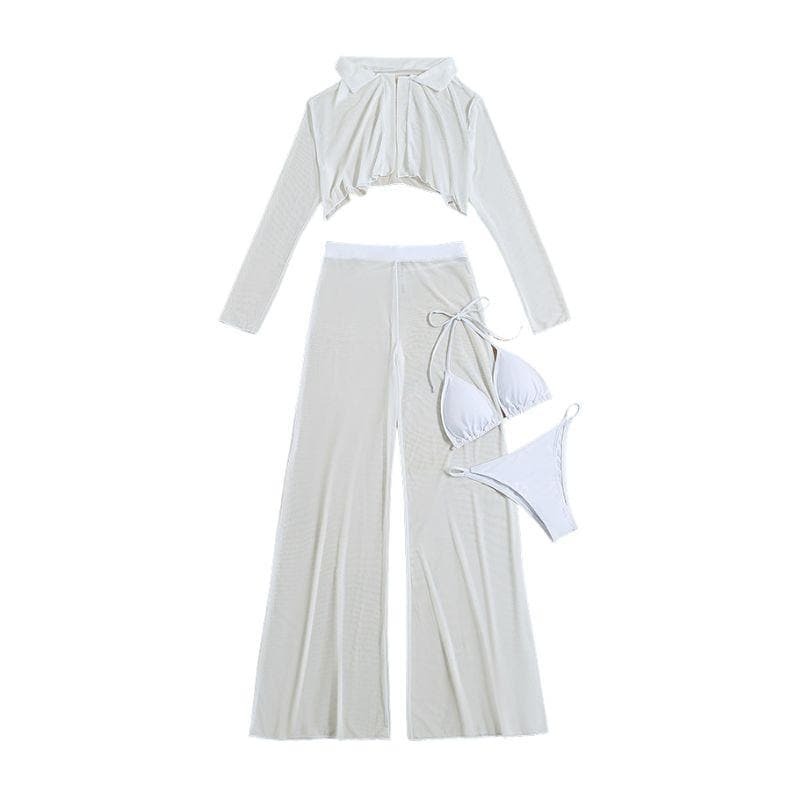 Y2K Aesthetic 4-Piece Swimwear Set: Long Sleeve Halter Top & Solid Turnover Collar Pants