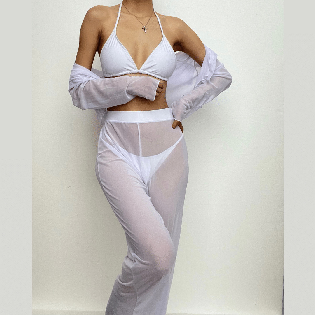 Y2K Aesthetic 4-Piece Swimwear Set: Long Sleeve Halter Top & Solid Turnover Collar Pants