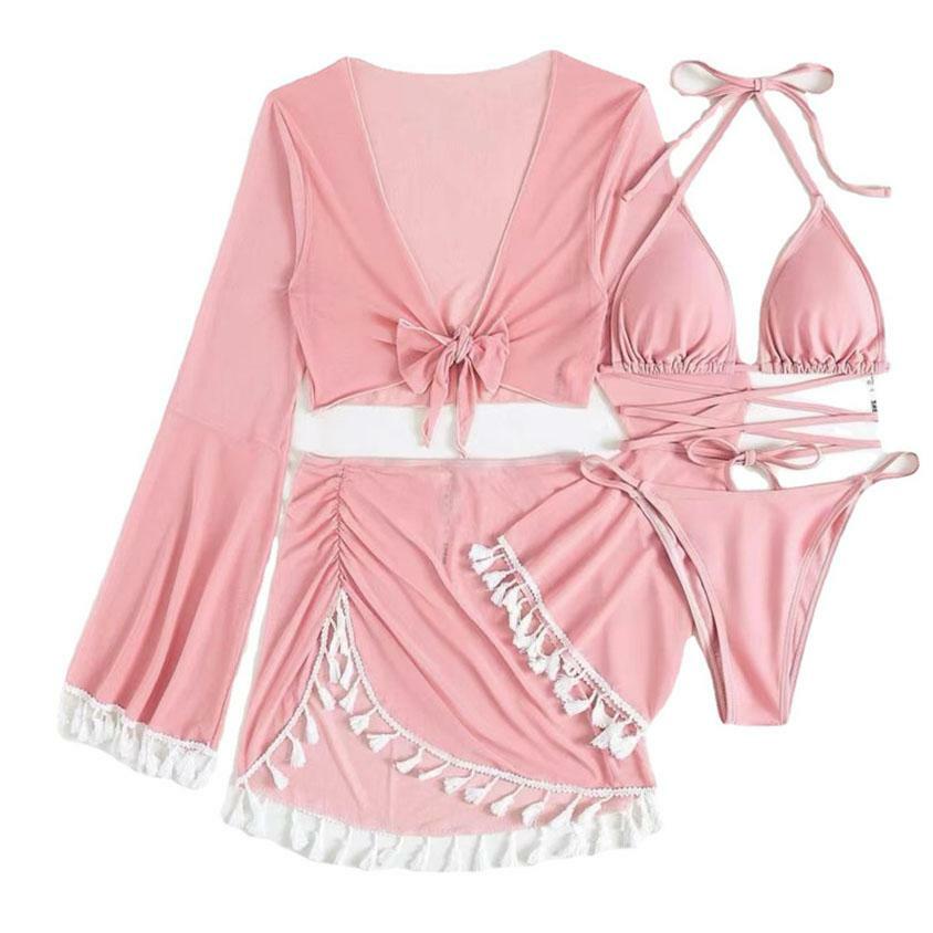 Y2K Aesthetic 4-Piece Swimwear Set with Halter Padded Top, Ruched Design & Bowknot Belt