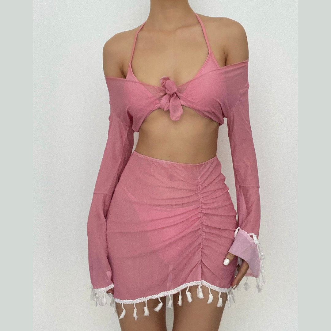 Y2K Aesthetic 4-Piece Swimwear Set with Halter Padded Top, Ruched Design & Bowknot Belt