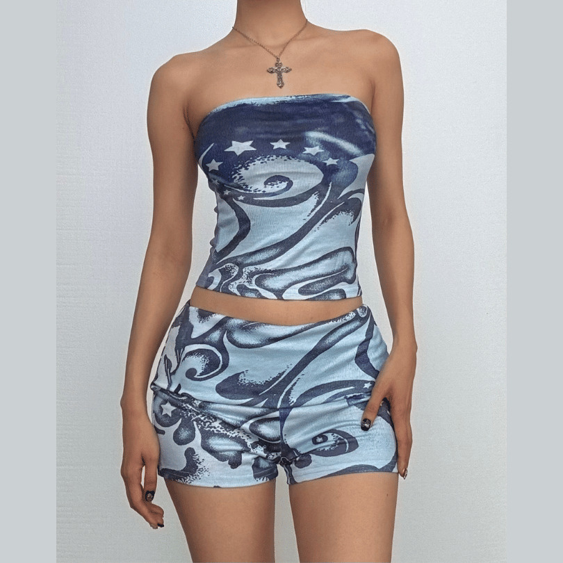 Y2K Aesthetic Abstract Print Backless Tube Top & Cargo Pants Set - Trendy Coquette Style