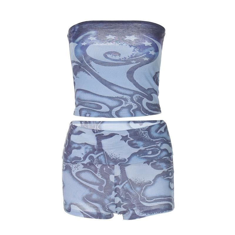 Y2K Aesthetic Abstract Print Backless Tube Top & Cargo Pants Set - Trendy Coquette Style