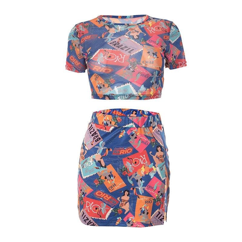 Y2K Aesthetic Abstract Print Mesh Short Sleeve Top & Contrast Mini Skirt Set