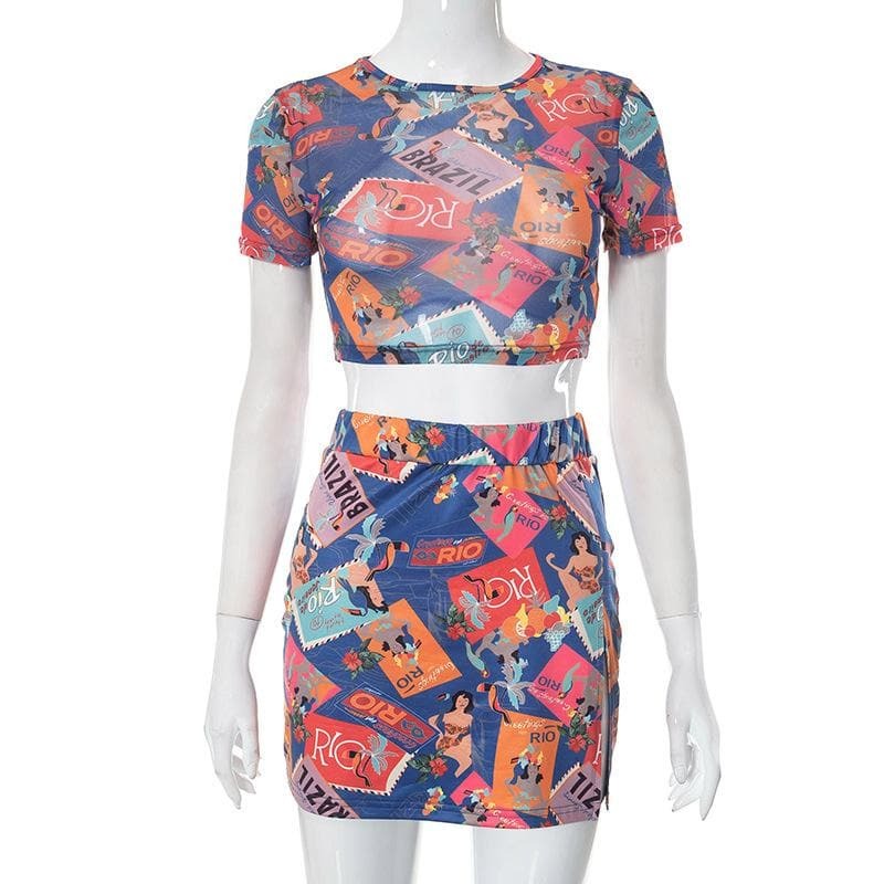 Y2K Aesthetic Abstract Print Mesh Short Sleeve Top & Contrast Mini Skirt Set