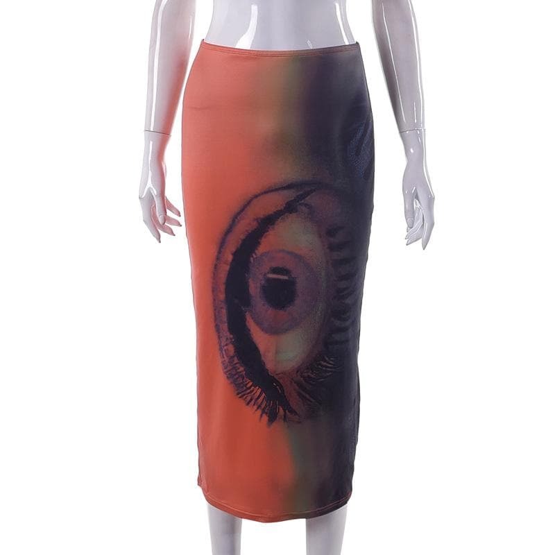 Y2K Aesthetic Abstract Print Midi Skirt - Grunge & Coquette Style for Trendy Outfits