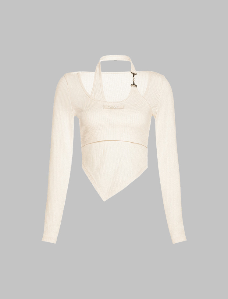 Y2K Aesthetic Apricot Metal Buckle Halterneck Top - Cute Coquette Style Two-Piece Look
