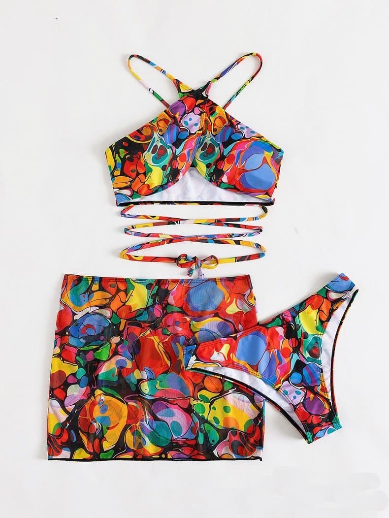 Y2K Aesthetic Backless Abstract Mini Skirt 3-Piece Swimwear Set for Trendy Summer Vibes