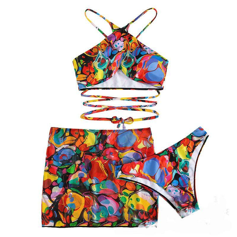 Y2K Aesthetic Backless Abstract Mini Skirt 3-Piece Swimwear Set for Trendy Summer Vibes