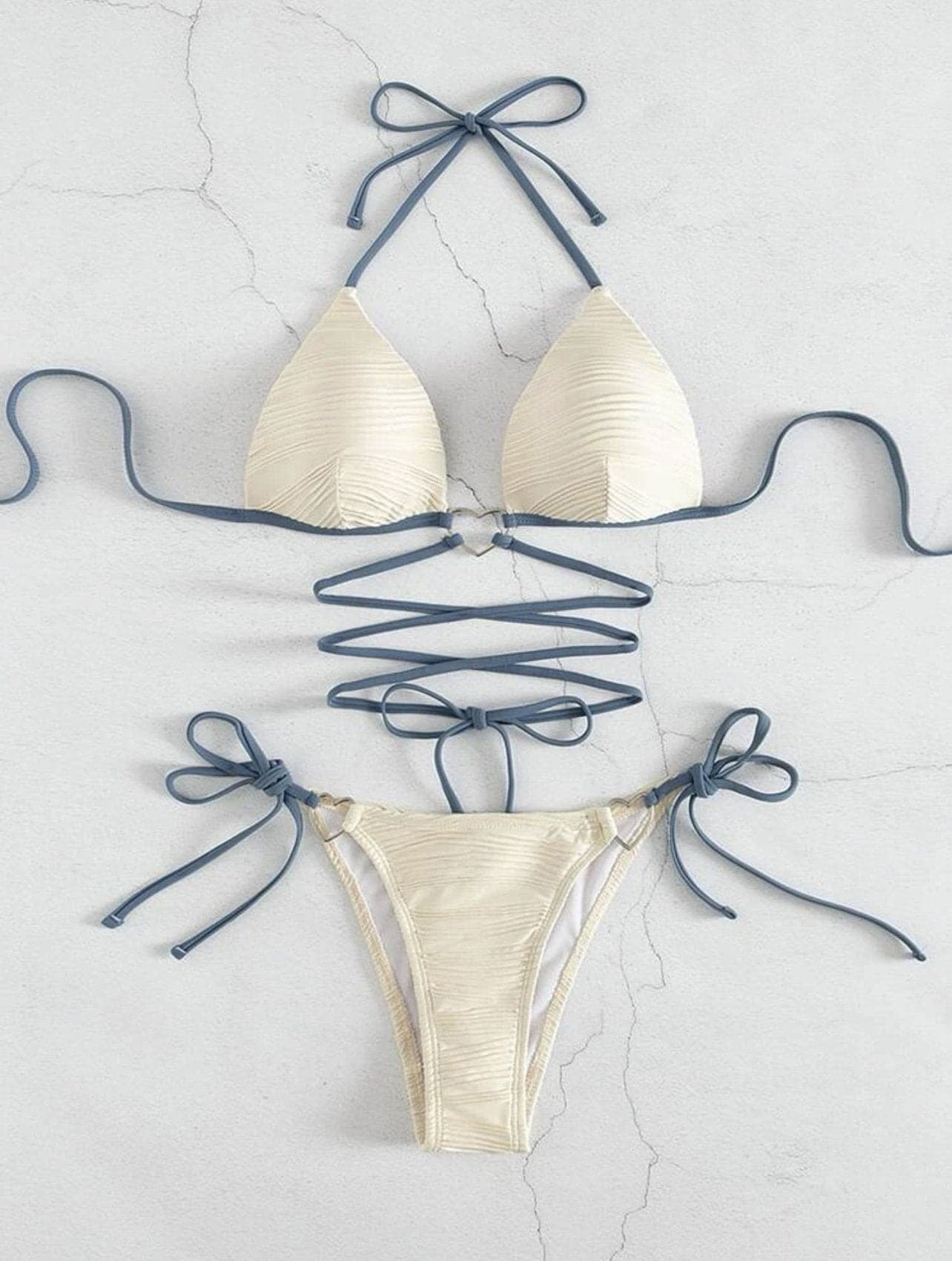 Y2K Aesthetic Backless Bikini Swimwear with Textured Halter and Cross Front Design