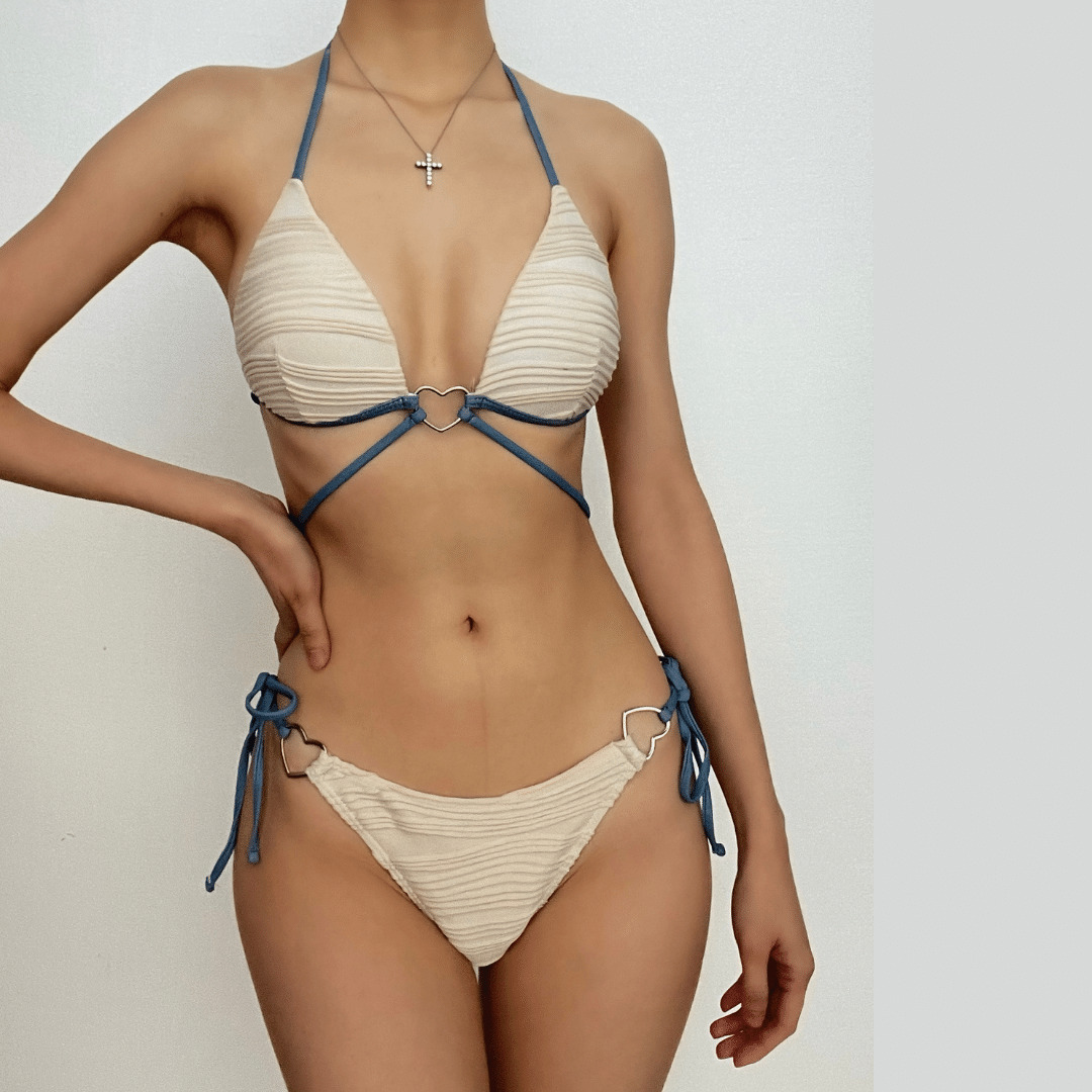 Y2K Aesthetic Backless Bikini Swimwear with Textured Halter and Cross Front Design