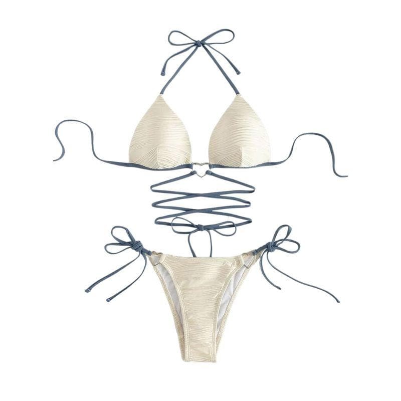 Y2K Aesthetic Backless Bikini Swimwear with Textured Halter and Cross Front Design