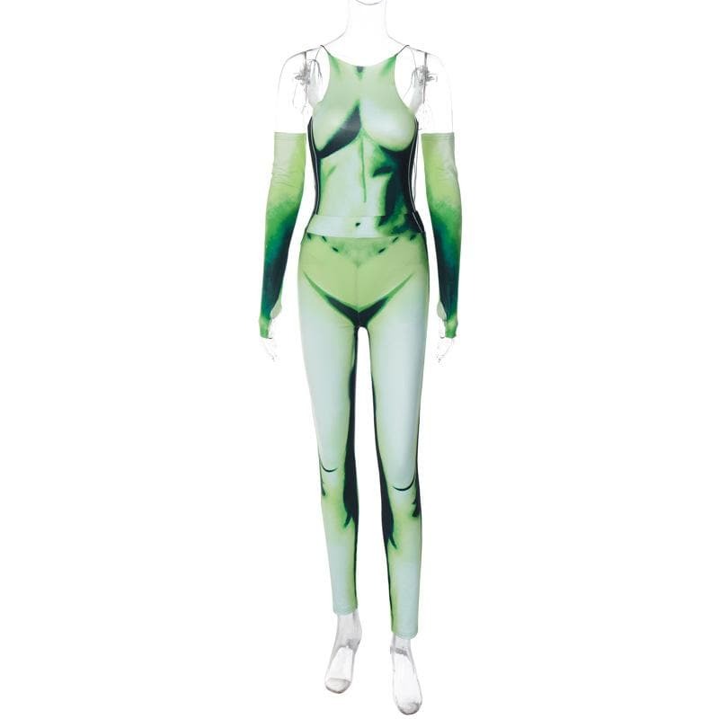 Y2K Aesthetic Backless Bodysuit & Pant Set with Contrast Gloves - Grunge & Coquette Style