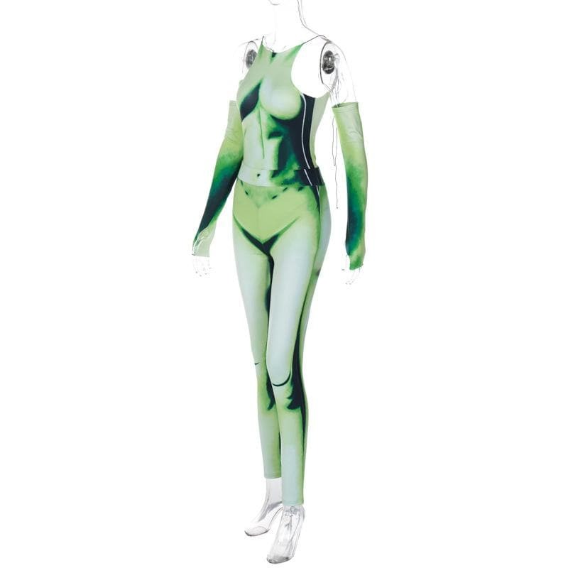 Y2K Aesthetic Backless Bodysuit & Pant Set with Contrast Gloves - Grunge & Coquette Style