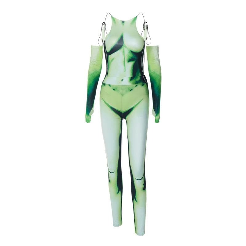 Y2K Aesthetic Backless Bodysuit & Pant Set with Contrast Gloves - Grunge & Coquette Style