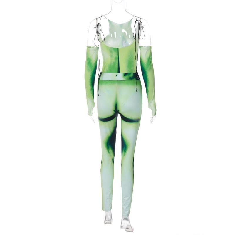 Y2K Aesthetic Backless Bodysuit & Pant Set with Contrast Gloves - Grunge & Coquette Style