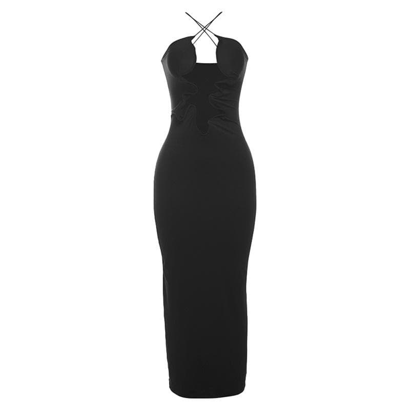 Y2K Aesthetic Backless Cami Cut-Out Maxi Dress - Grunge & Coquette Style for Trendy Looks