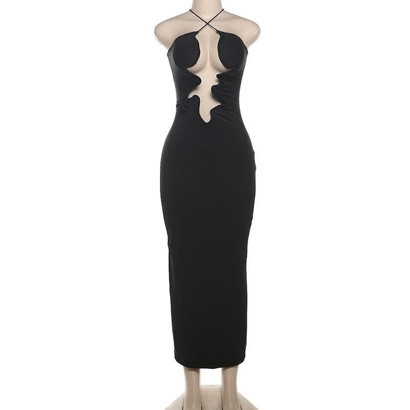 Y2K Aesthetic Backless Cami Cut-Out Maxi Dress - Grunge & Coquette Style for Trendy Looks