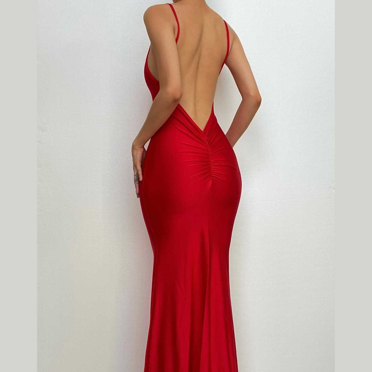 Y2K Aesthetic Backless Cami Maxi Dress - Ruched Solid V-Neck for Coquette & Grunge Styles
