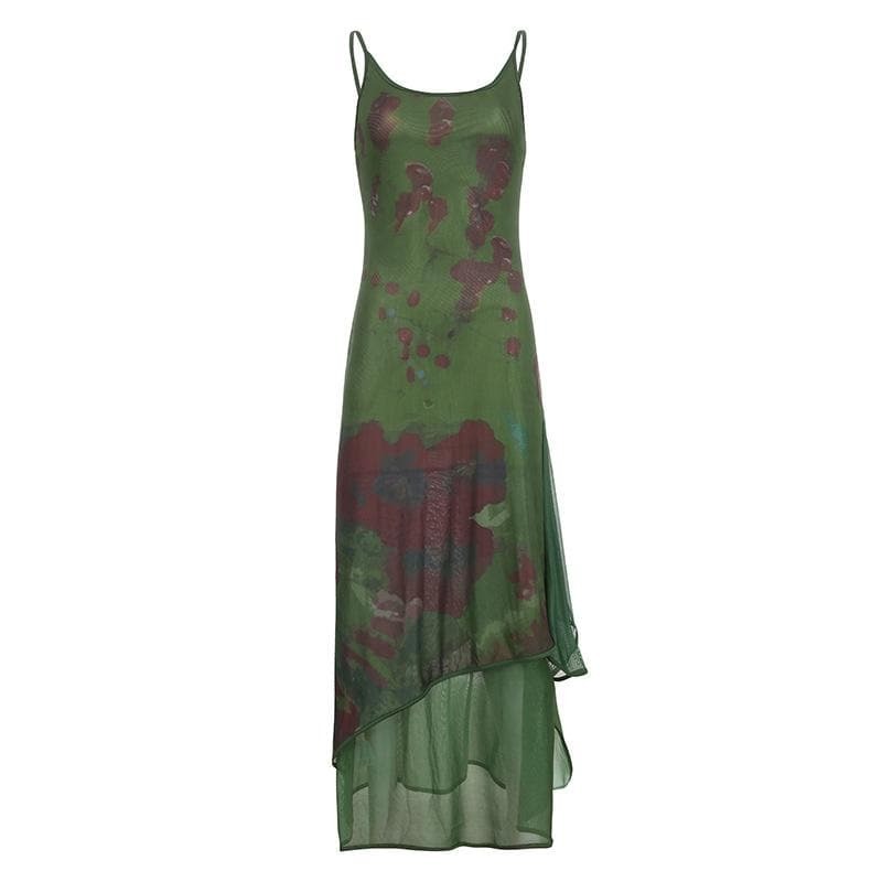Y2K Aesthetic Backless Cami Maxi Dress with Mesh Contrast Patchwork for Grunge & Coquette Style