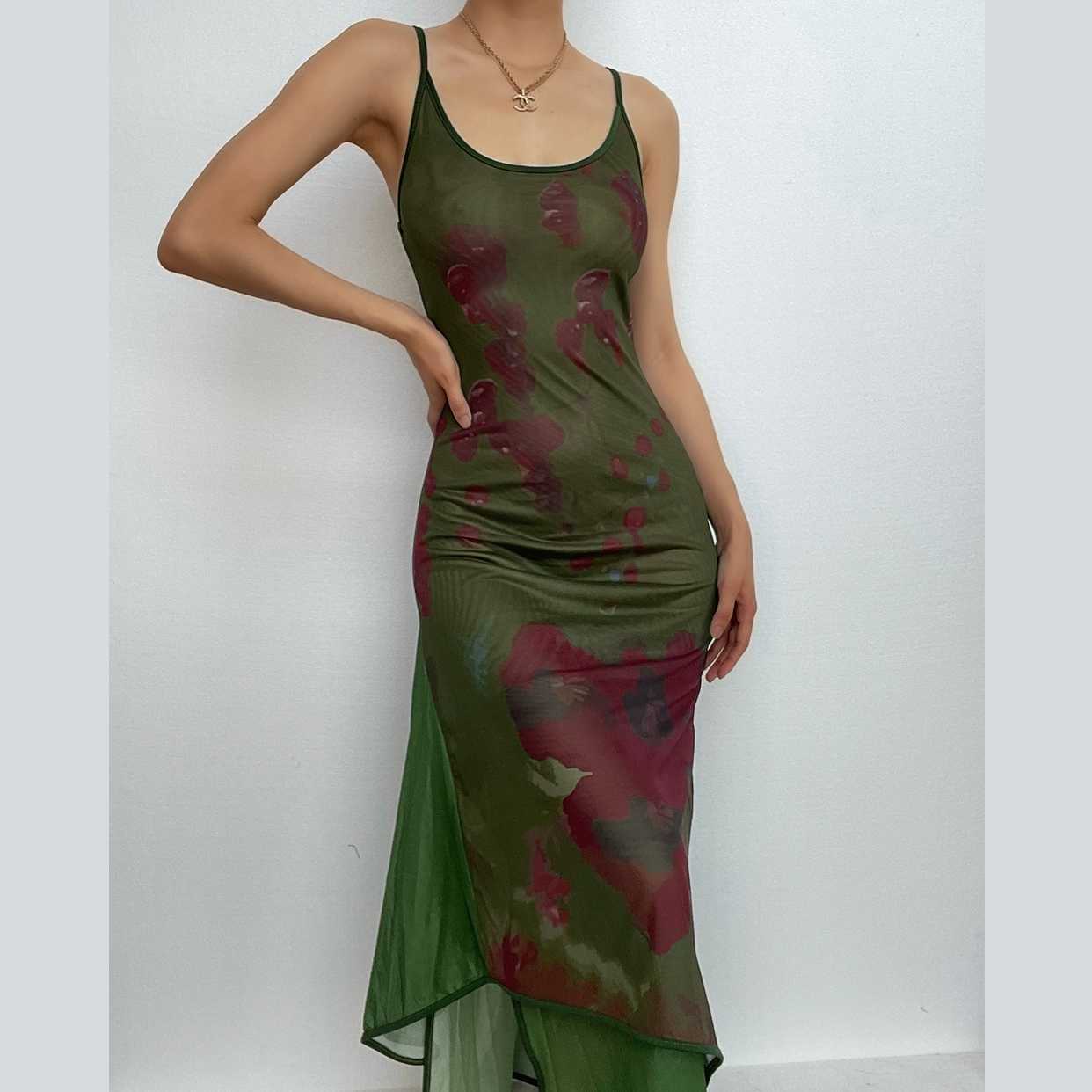 Y2K Aesthetic Backless Cami Maxi Dress with Mesh Contrast Patchwork for Grunge & Coquette Style