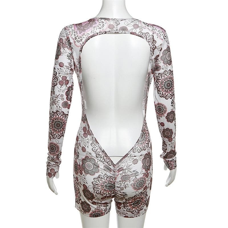 Y2K Aesthetic Backless Contrast Long Sleeve Ruched Romper - Cute Grunge & Coquette Style