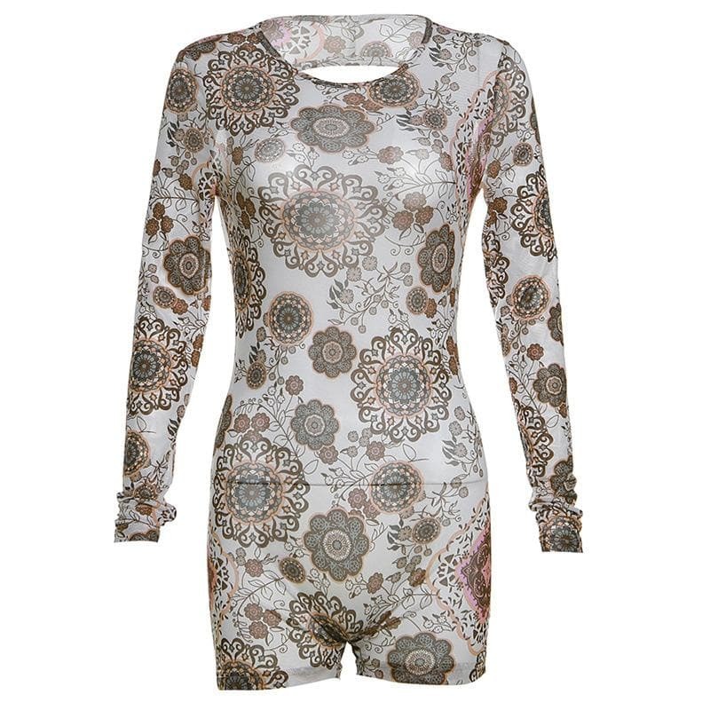 Y2K Aesthetic Backless Contrast Long Sleeve Ruched Romper - Cute Grunge & Coquette Style