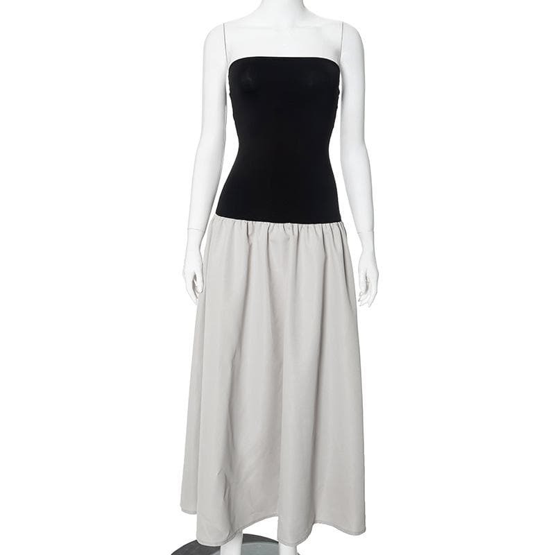 Y2K Aesthetic Backless Contrast Patchwork Ruched Tube Maxi Dress for Coquette & Grunge Styles