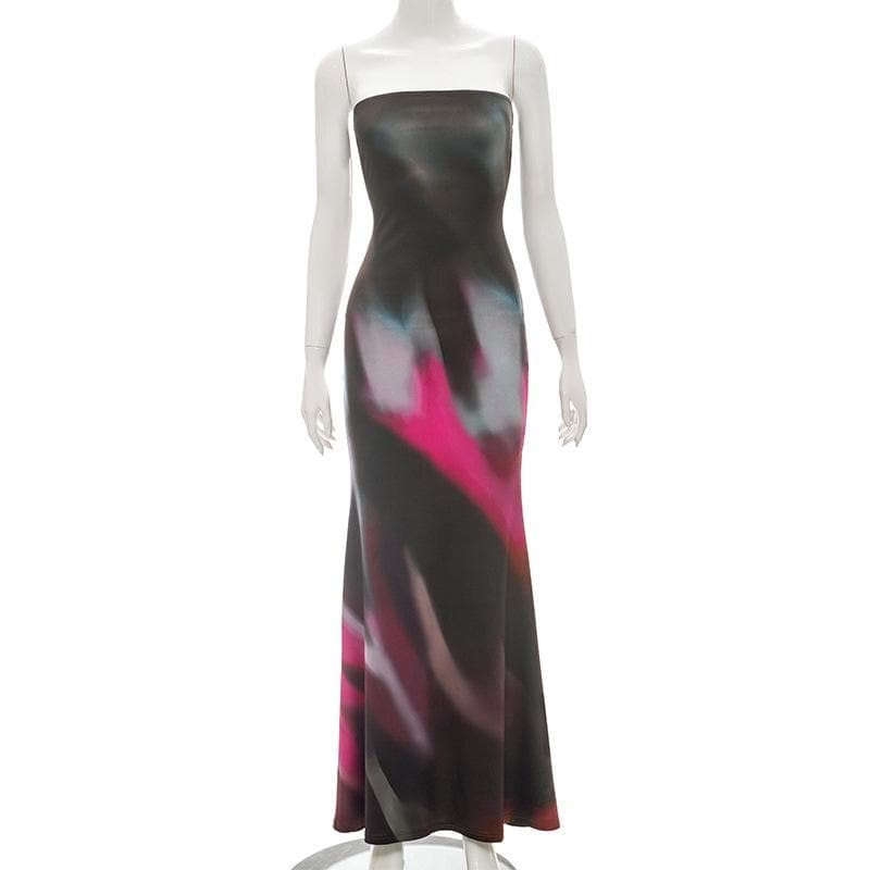 Y2K Aesthetic Backless Contrast Tube Maxi Dress - Cute, Comfy, and Perfect for Grunge & Coquette Styles