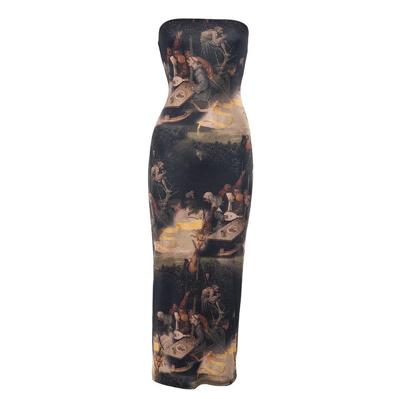 Y2K Aesthetic Backless Contrast Tube Midi Dress - Cute Grunge & Coquette Style Outfit