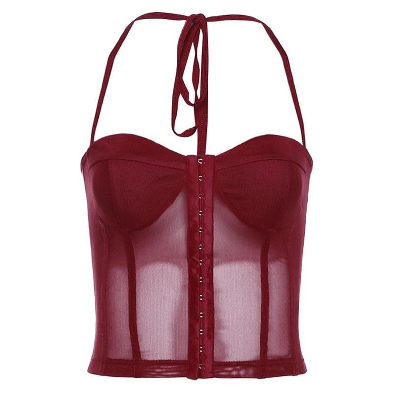 Y2K Aesthetic Backless Corset Halter Top - Cute Mesh Tie-Up for Coquette & Grunge Styles