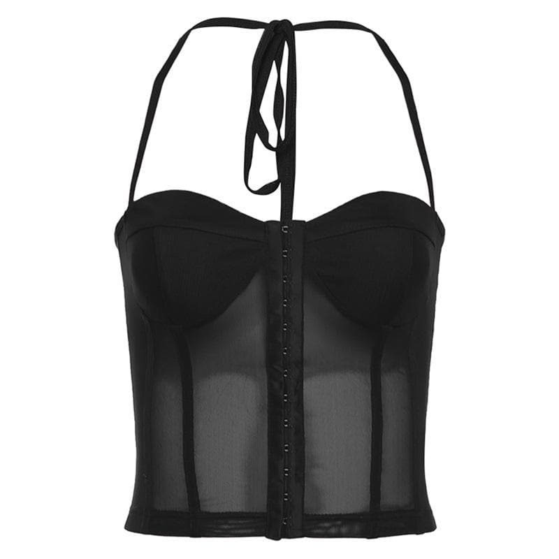 Y2K Aesthetic Backless Corset Halter Top - Cute Mesh Tie-Up for Coquette & Grunge Styles