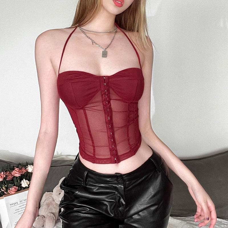 Y2K Aesthetic Backless Corset Halter Top - Cute Mesh Tie-Up for Coquette & Grunge Styles