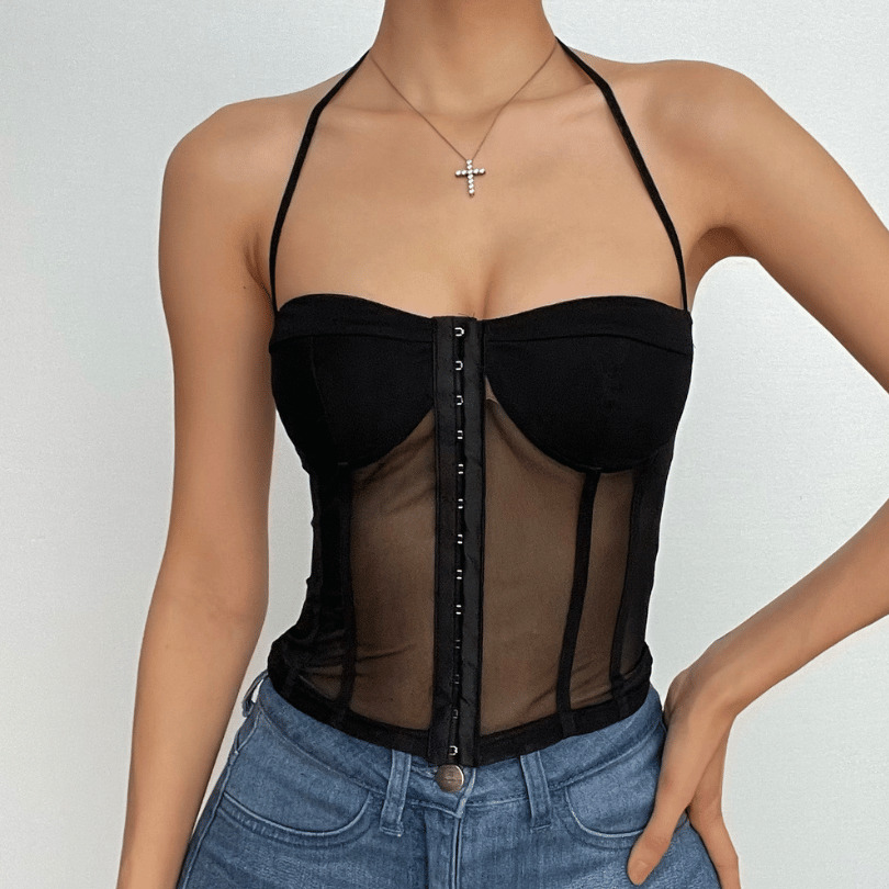 Y2K Aesthetic Backless Corset Halter Top - Cute Mesh Tie-Up for Coquette & Grunge Styles