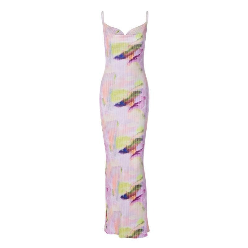 Y2K Aesthetic Backless Cowl Neck Contrast Print Maxi Dress - Cute Coquette Style