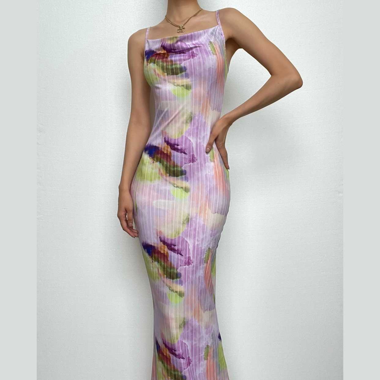 Y2K Aesthetic Backless Cowl Neck Contrast Print Maxi Dress - Cute Coquette Style