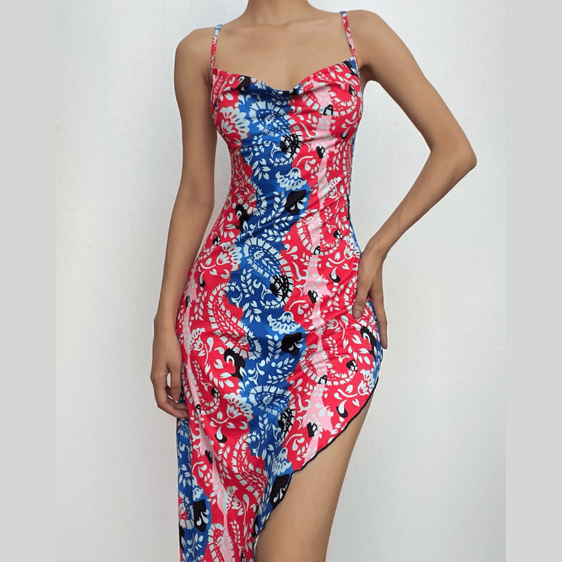 Y2K Aesthetic Backless Cowl Neck Midi Dress - Cute Contrast Print for Coquette & Grunge Styles