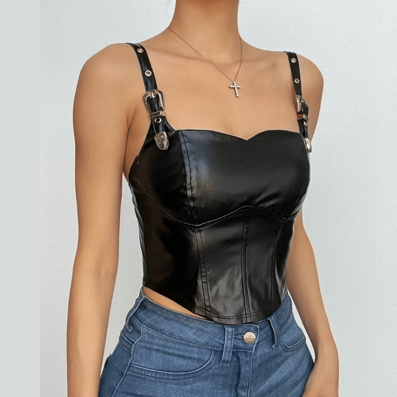 Y2K Aesthetic Backless Crop Top in Solid PU Leather - Cute Grunge & Coquette Style