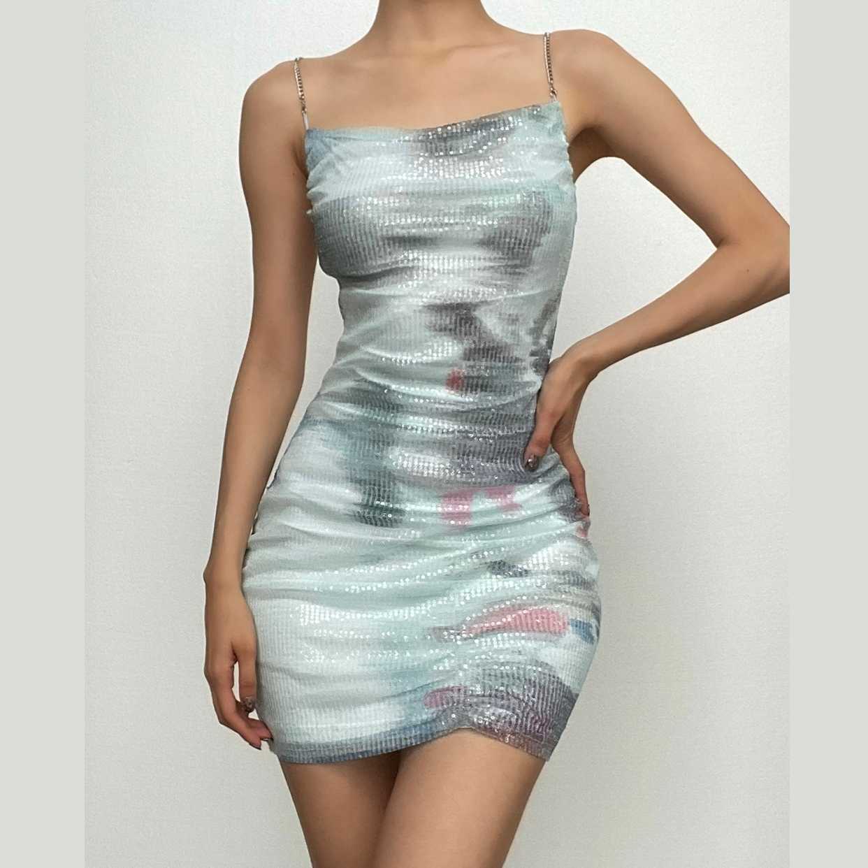 Y2K Aesthetic Backless Glitter Tie Dye Ruched Mini Dress - Cute Coquette Style