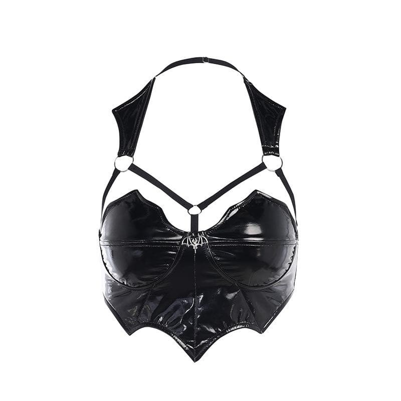 Y2K Aesthetic Backless Halter Crop Top with O-Ring Detail - Irregular PU Leather Style