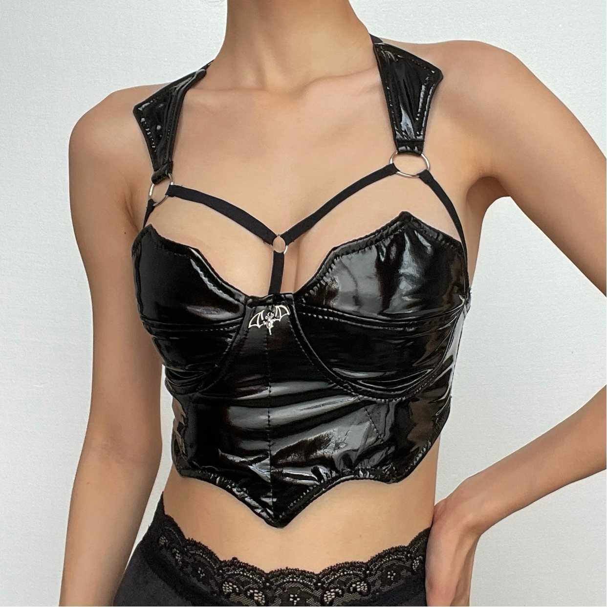 Y2K Aesthetic Backless Halter Crop Top with O-Ring Detail - Irregular PU Leather Style