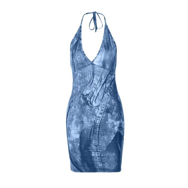 Y2K Aesthetic Backless Halter Mini Dress with Contrast Print - Cute Coquette Style